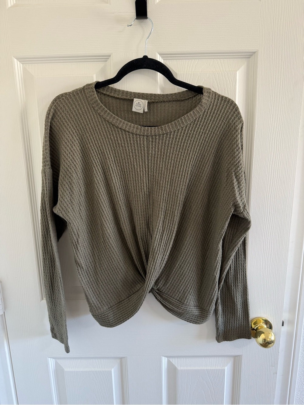 Paper Crane Olive Green Waffle Knit Long Sleeve Twist Front Top